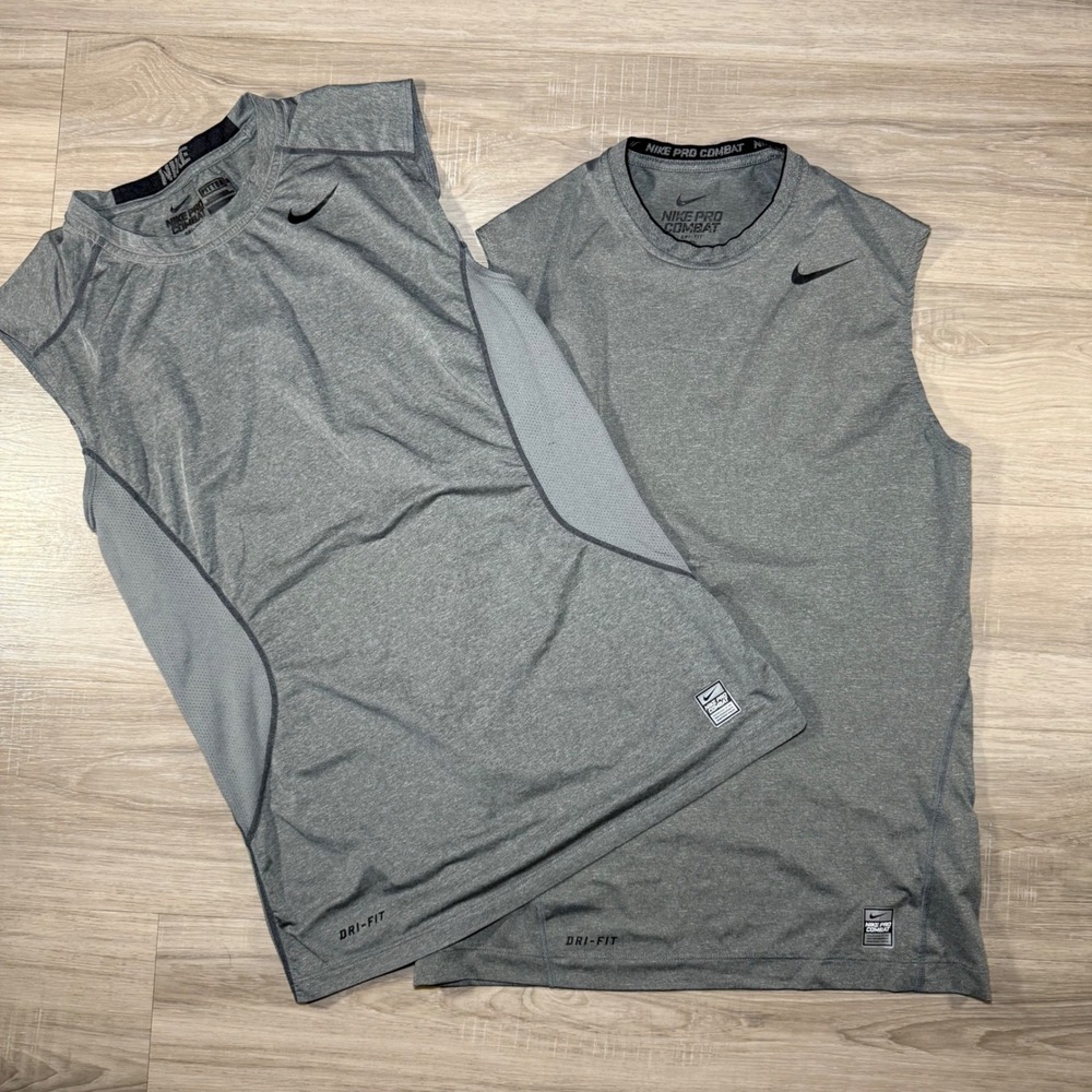 Lot‎ of 2 Nike Pro Combat Dri-FIT Gray Training Baselayer Compression Mens SZ S